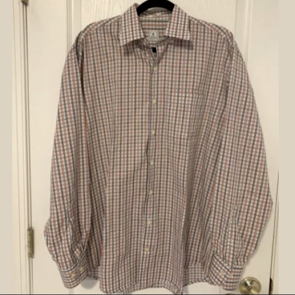 Peter Millar‎ Men's Shirt Blue Orange Brown Plaid